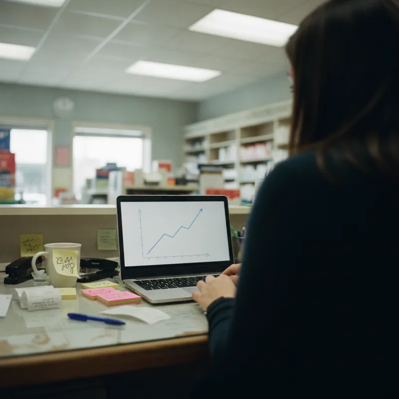 Pharmacy back office desk with a laptop showing an upward advertising performance trend