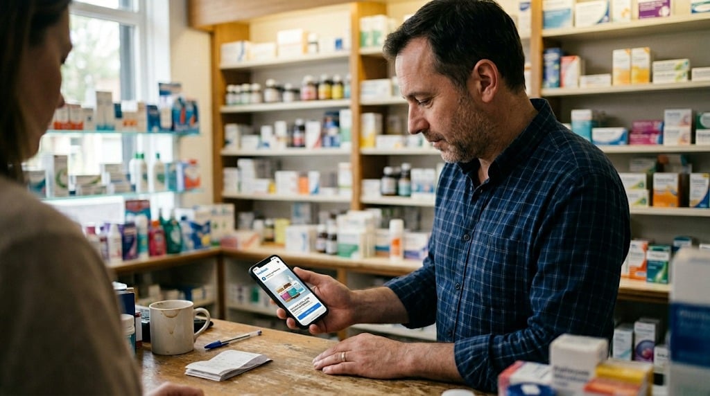 Overhead view of a phone with a social media post beside pharmacy storefront materials on a desk