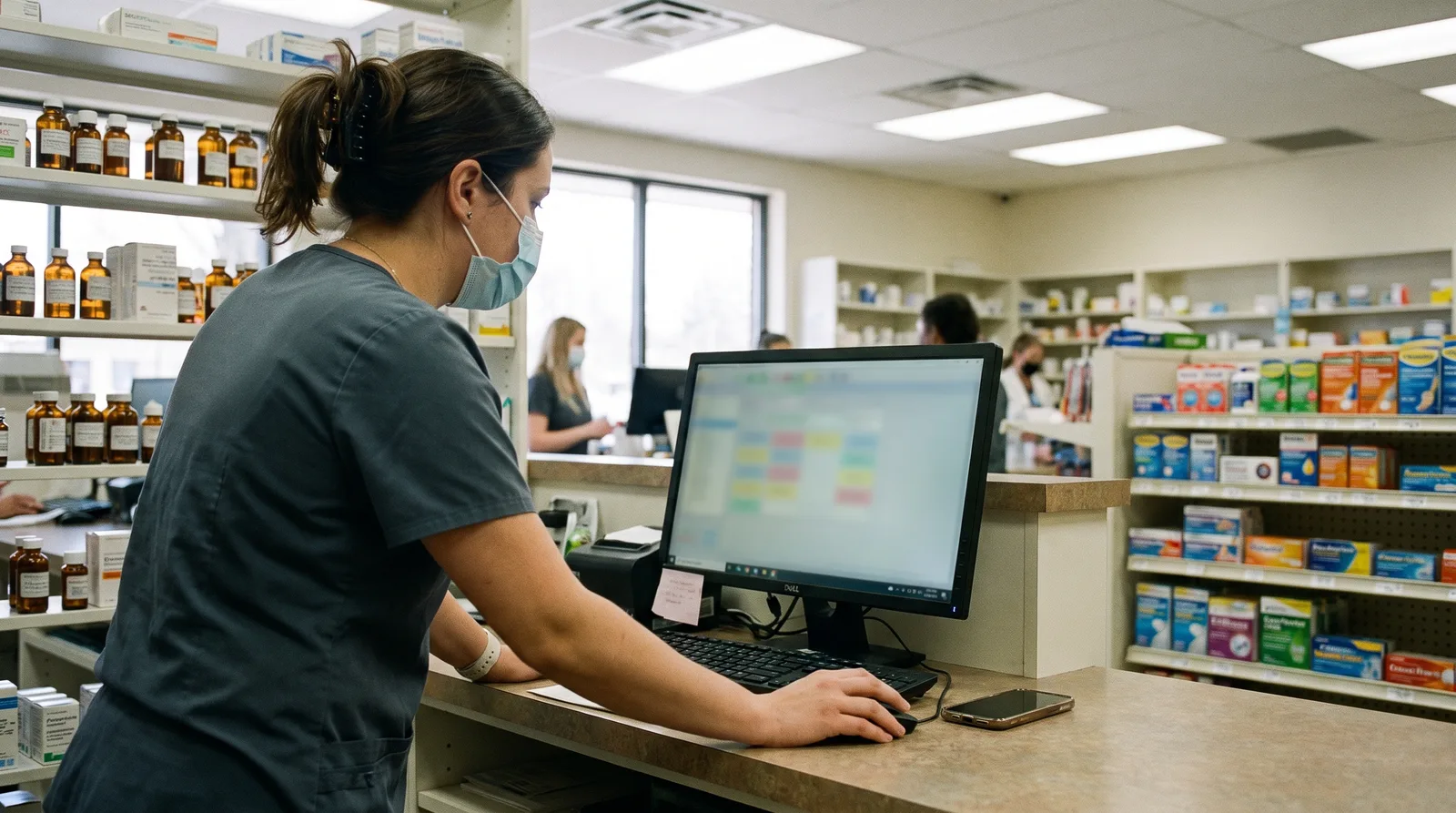 Independent pharmacist checking a phone for 10DLC for pharmacies text message registration status