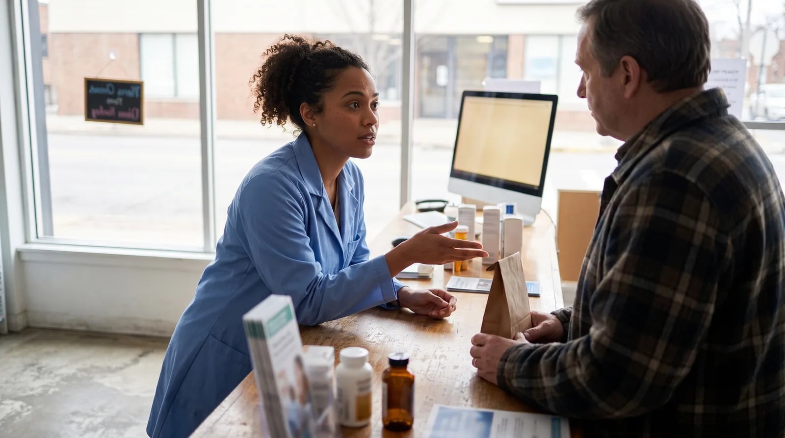 Independent pharmacist reviewing pharmacy marketing tips and campaign results on a counter tablet