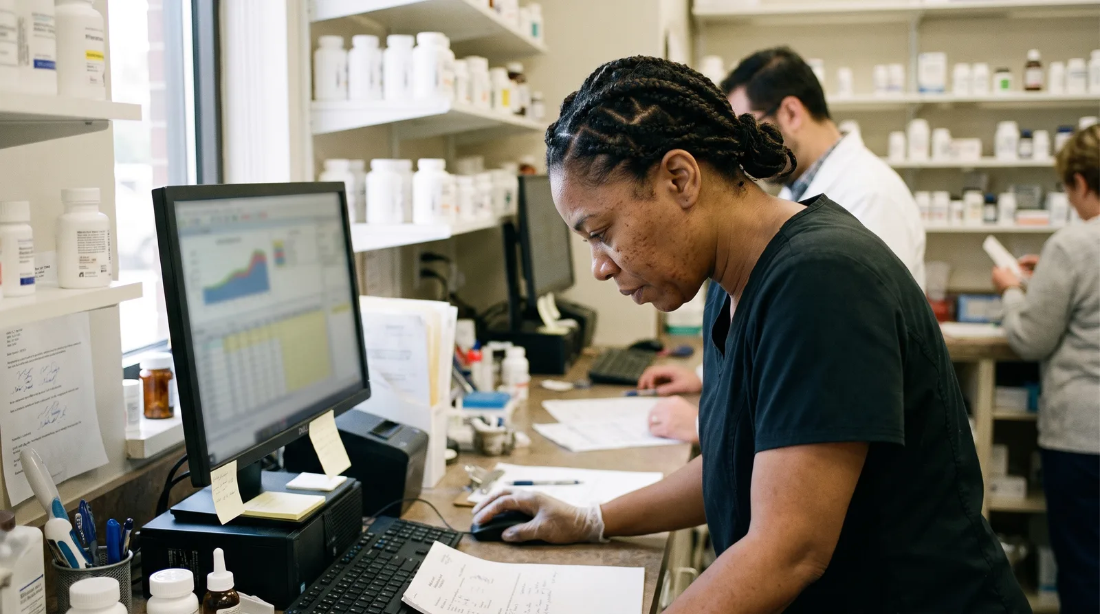 Pharmacy owner comparing a pharmacy SEO company contract and monthly report at a desk