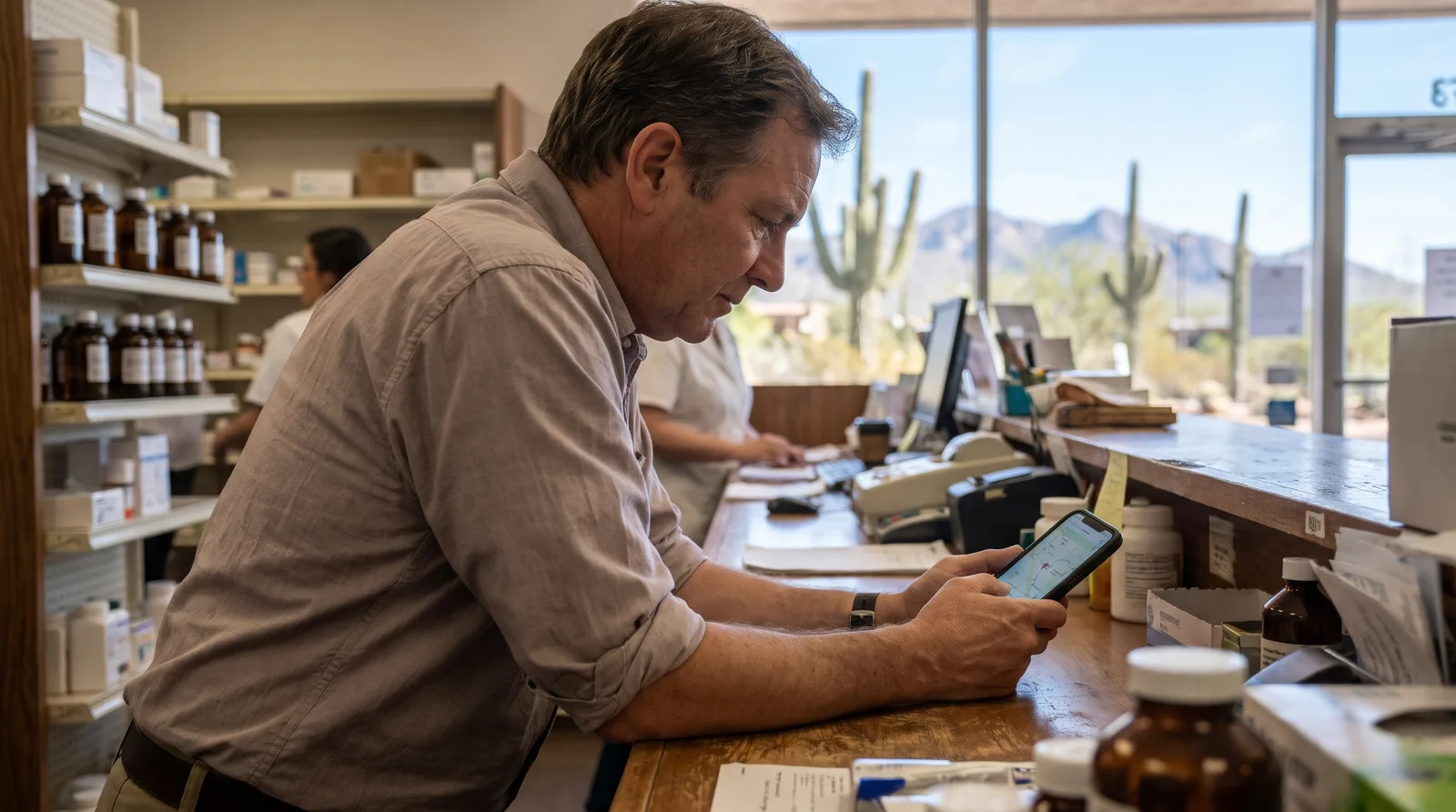 Arizona pharmacy local SEO review at the counter, with an independent pharmacy owner checking Google Maps results on a phone