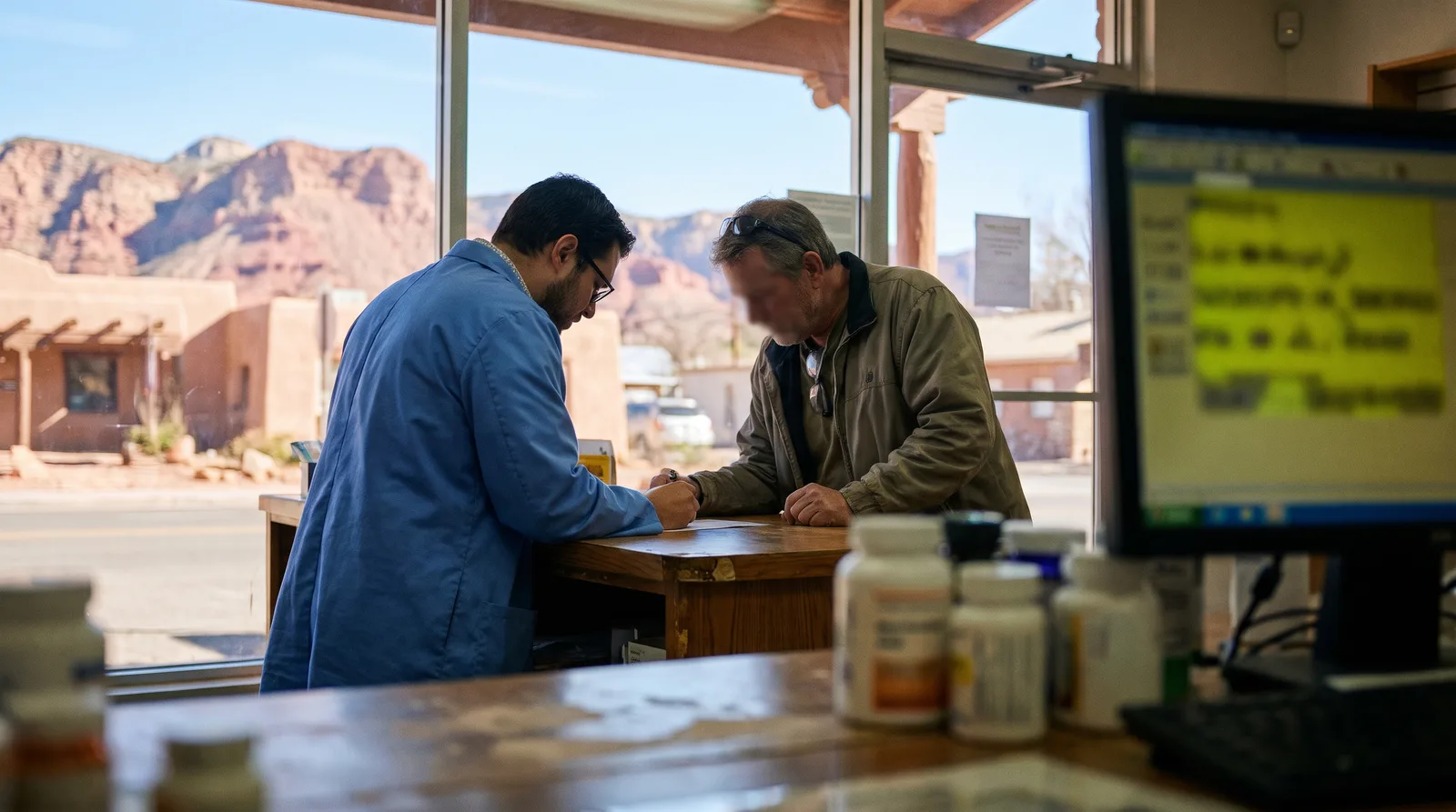 Arizona pharmacy marketing agency strategist reviewing local search results with an independent pharmacy owner at the pharmacy counter