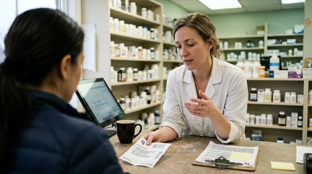Pharmacist consulting with a new patient at an independent pharmacy counter in warm natural daylight