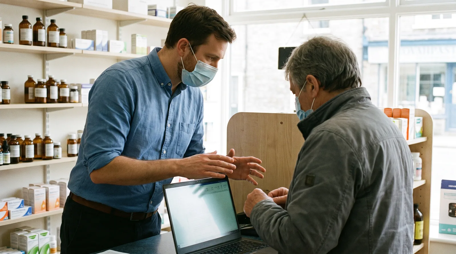 California independent pharmacy web design shown on a phone and laptop at a community pharmacy counter