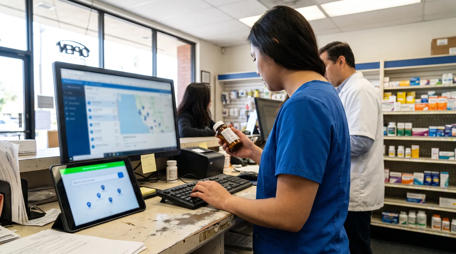 California pharmacy local SEO results shown on a phone beside an independent pharmacy storefront