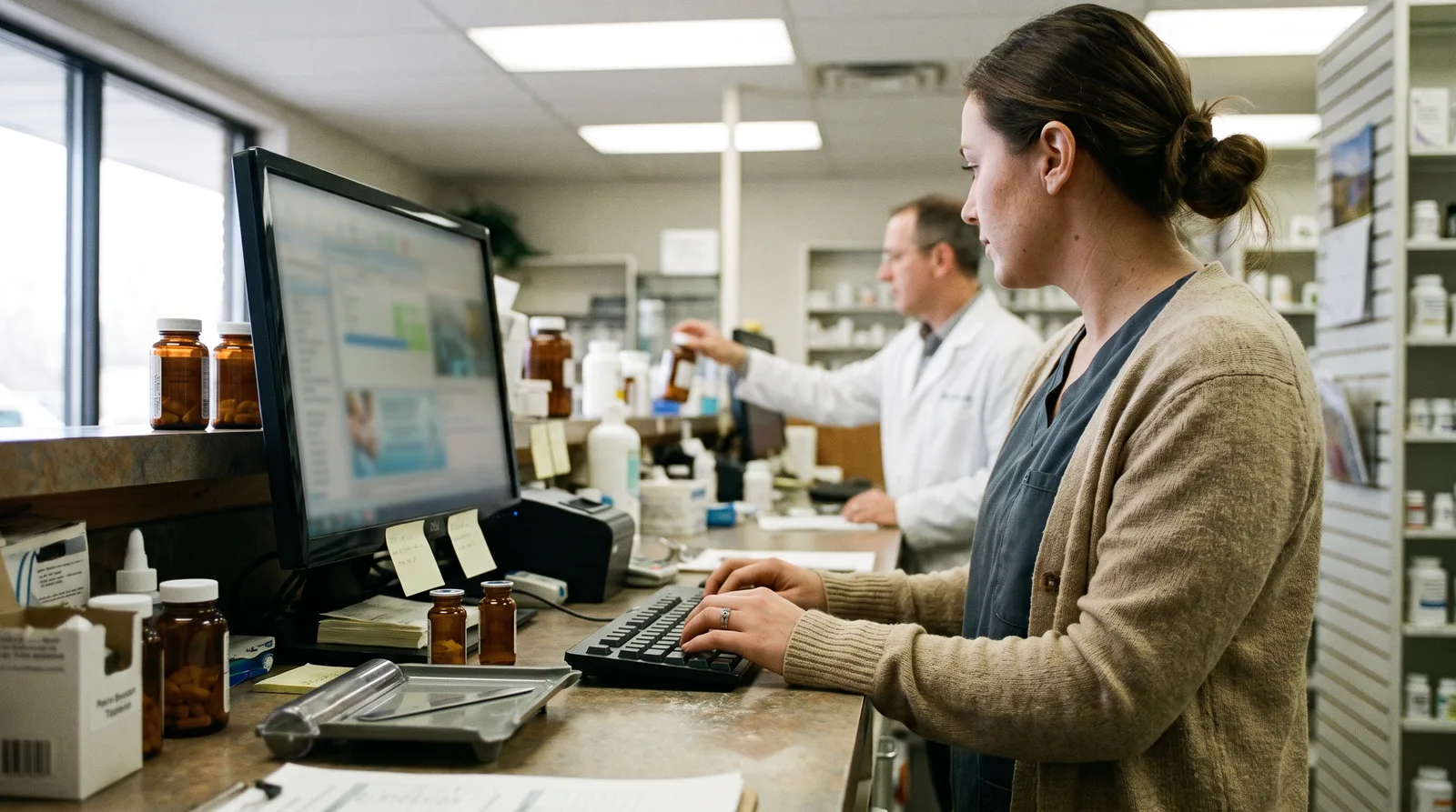 Independent pharmacy owner reviewing marketing and revenue diversification plans side by side