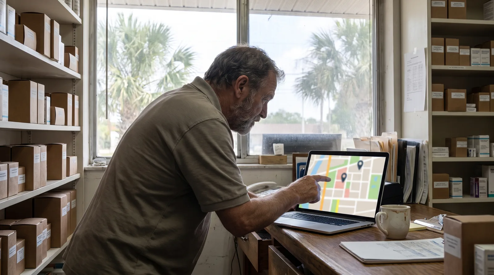 Florida pharmacy local SEO and Google optimization shown on a laptop at an independent pharmacy counter