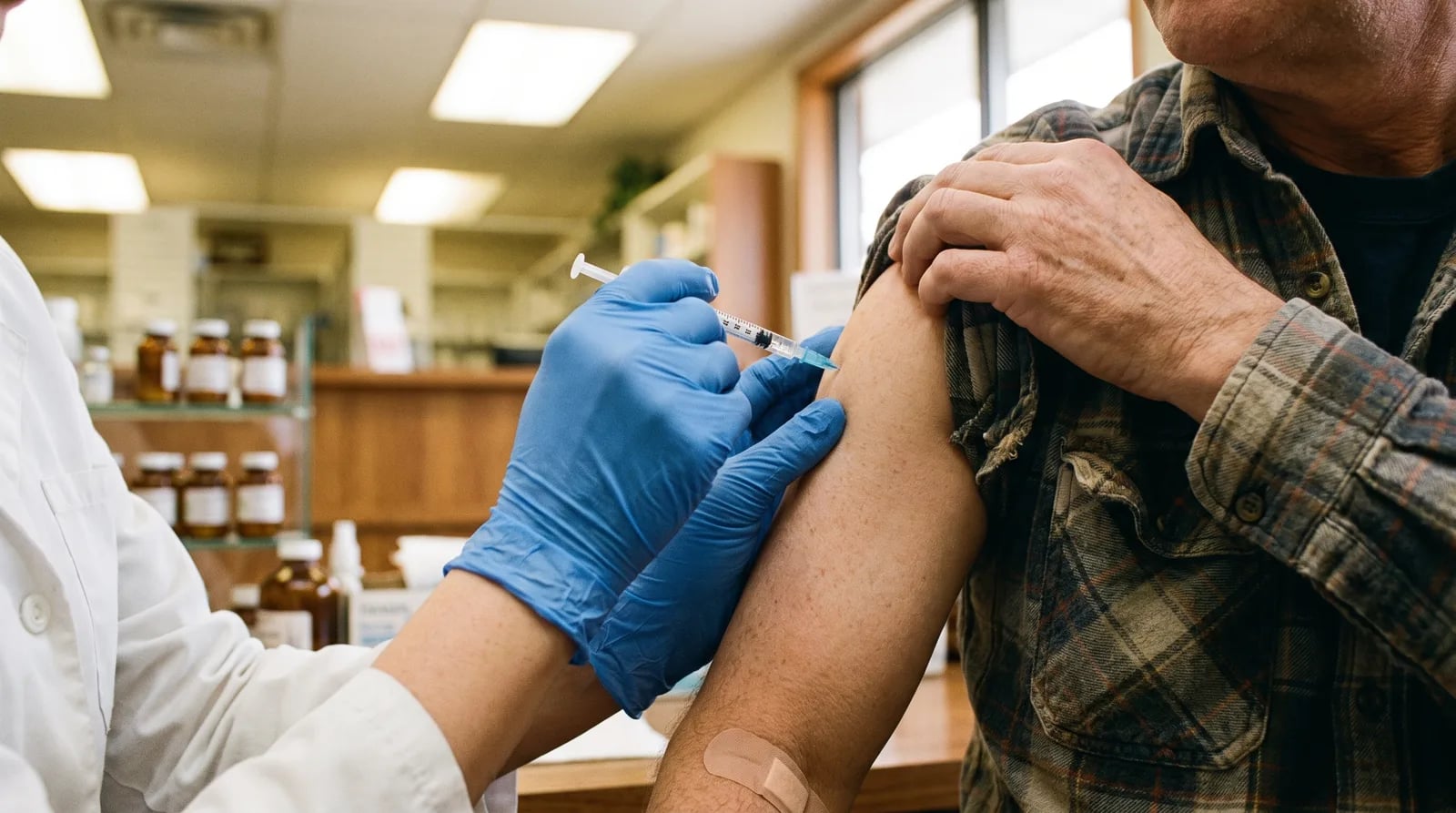 Pharmacist administering a flu shot to a patient at an independent pharmacy