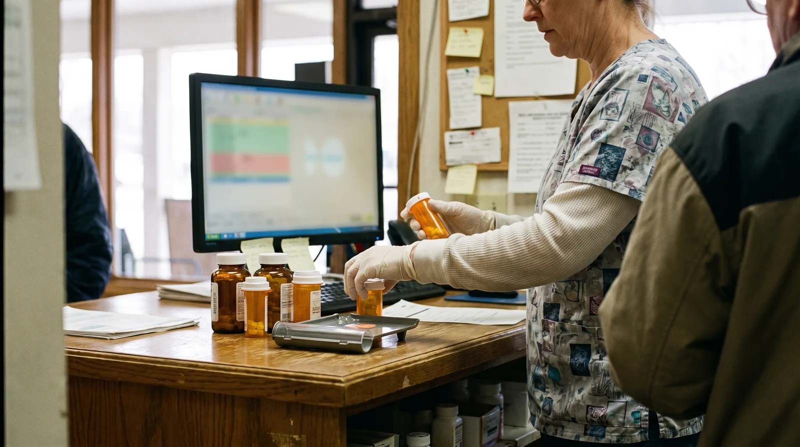 Pharmacy staff member at a counter with prescription vials and a computer monitor, illustrating Georgia independent pharmacy web design
