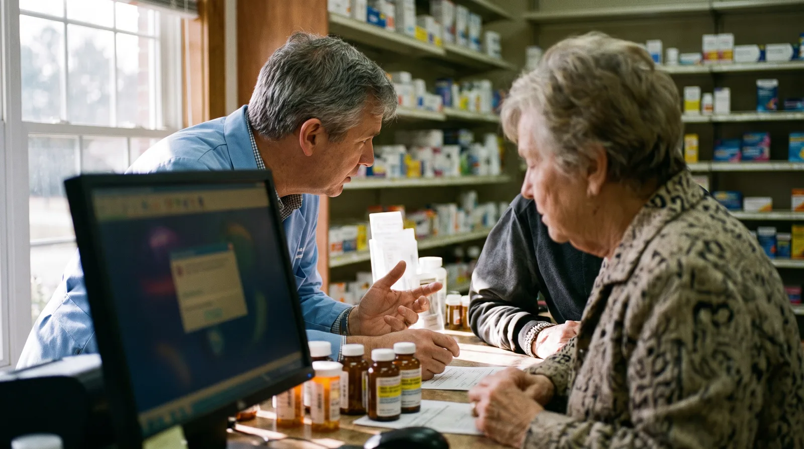 Pharmacist talking with a patient at an independent pharmacy counter, illustrating Georgia pharmacy local SEO