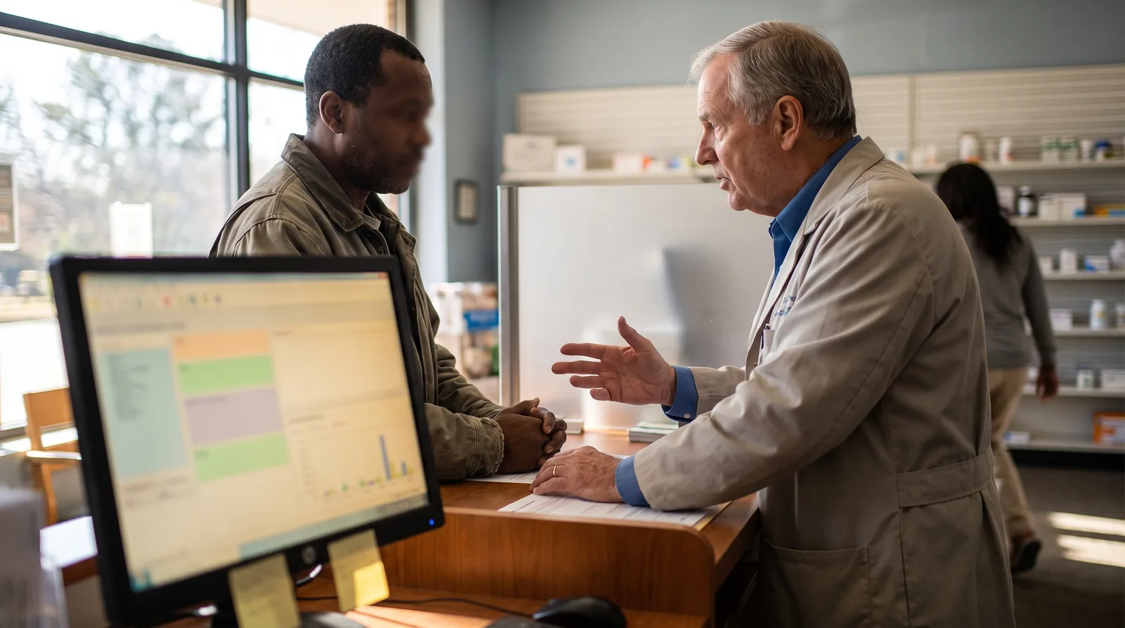 Pharmacist talking with a patient at an independent pharmacy counter, illustrating Georgia pharmacy marketing agency support
