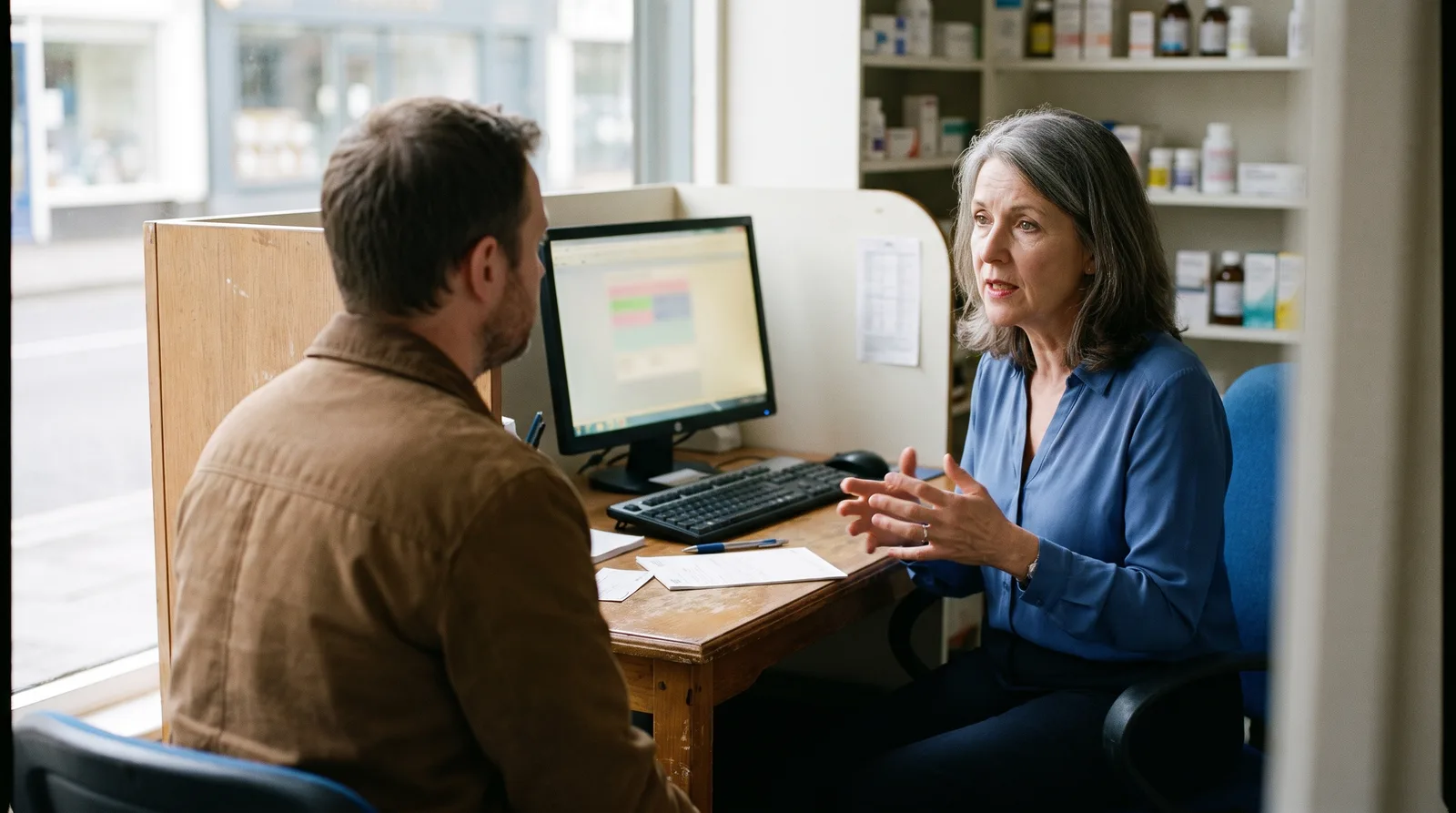 Pharmacist counseling a patient about GLP-1 medication and insurance support