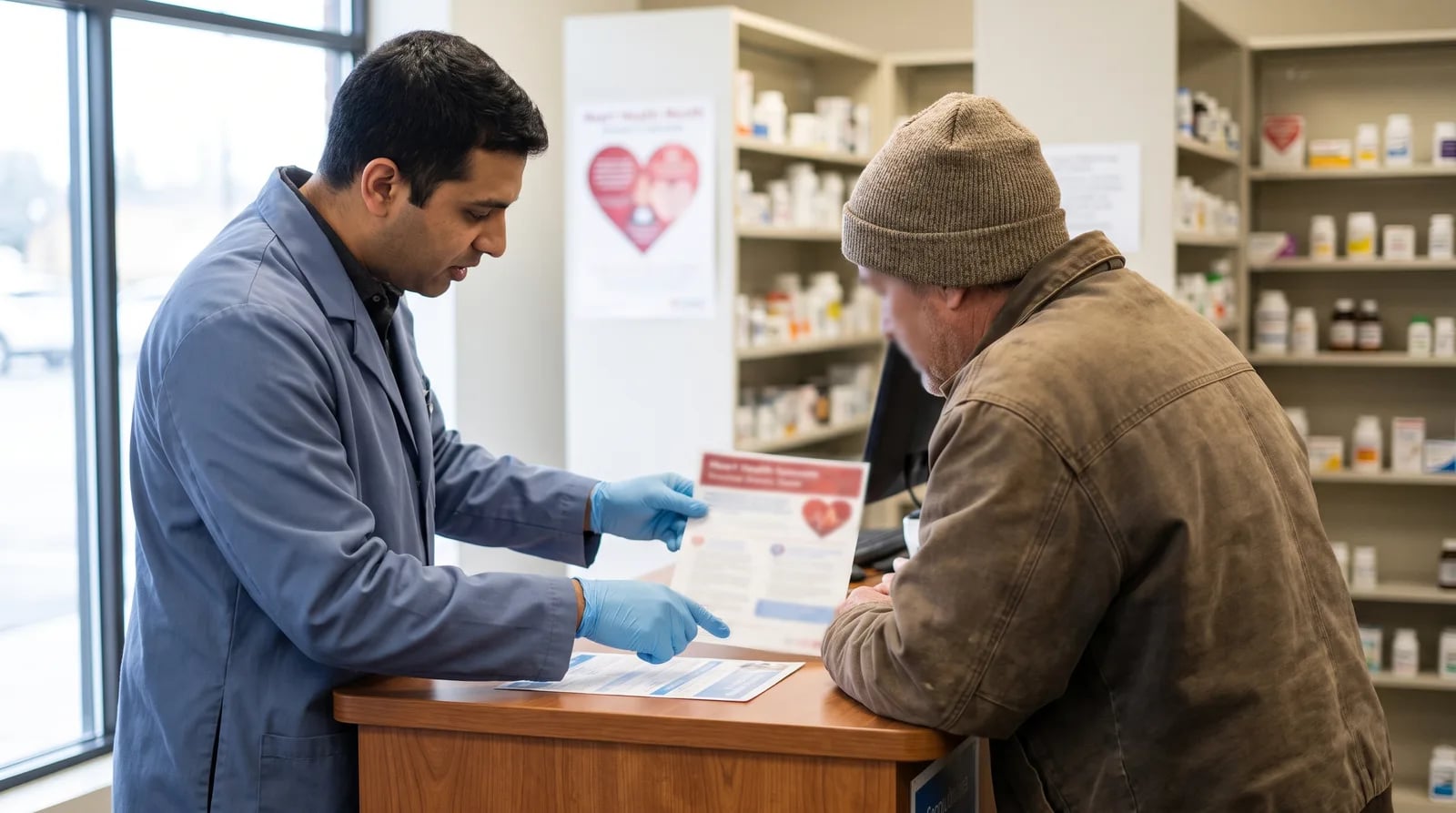 Pharmacist conducting a blood pressure screening as part of Heart Health Month pharmacy marketing at an independent pharmacy