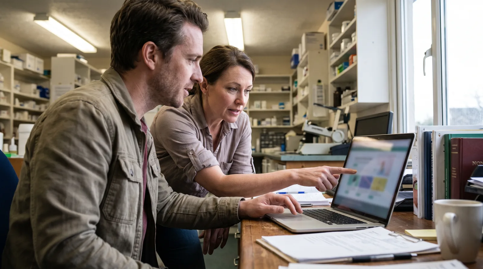 Pharmacy owner reviewing a website design proposal with an agency designer at a desk