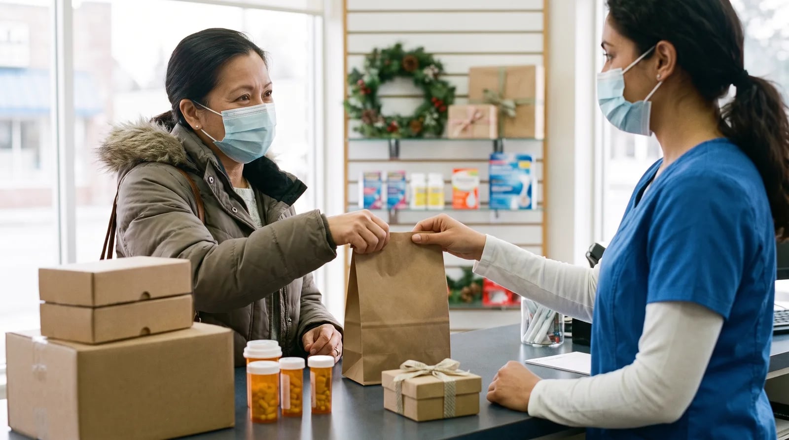 Independent pharmacy holiday pharmacy marketing display with wellness gift baskets and packaging