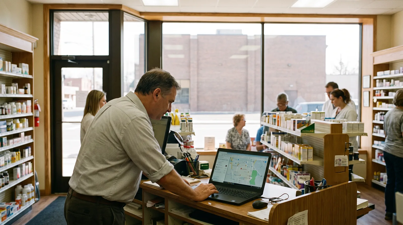 Independent pharmacist checking local search rankings on a laptop, a guide to choosing an independent pharmacy SEO agency