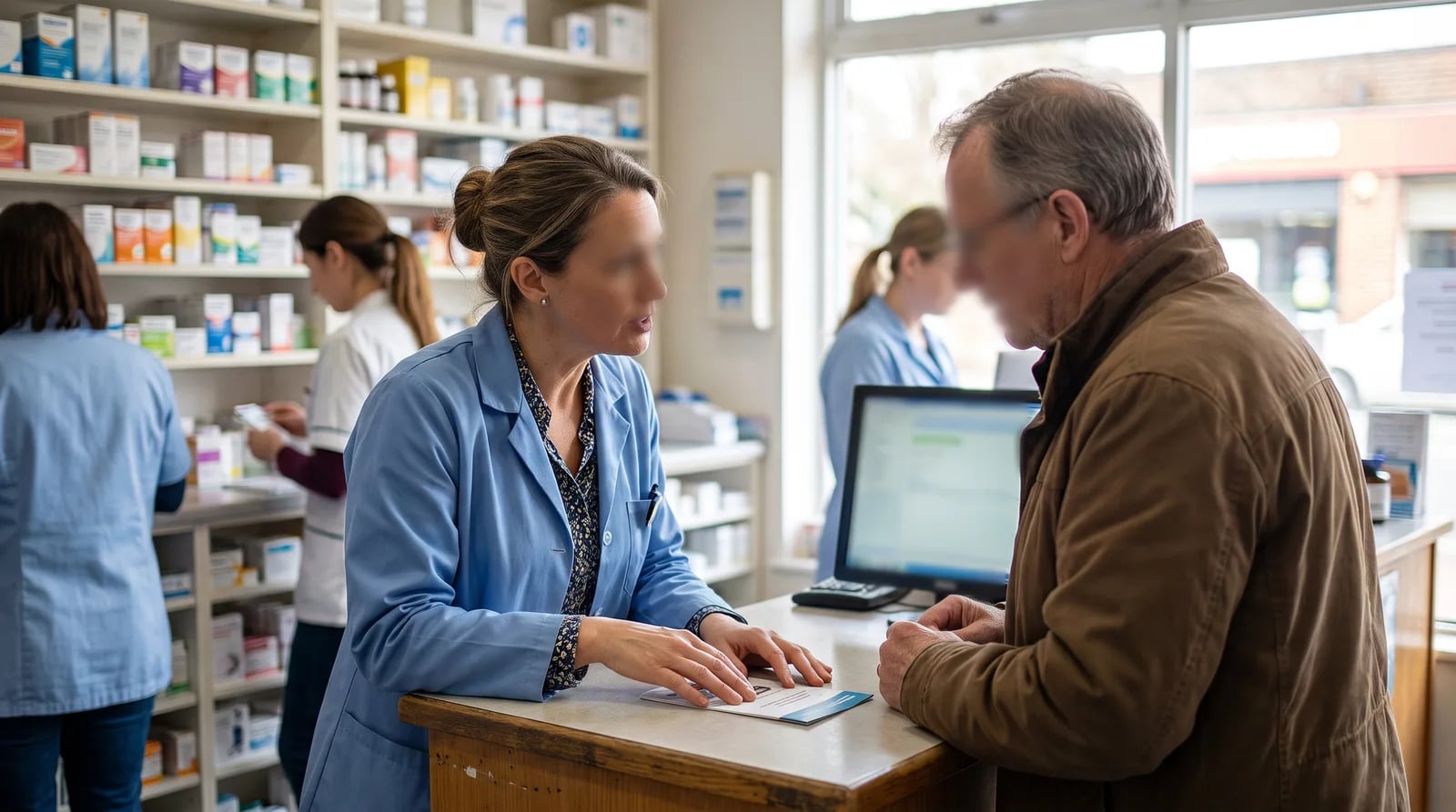 Independent pharmacist reviewing revenue growth strategies at the pharmacy counter