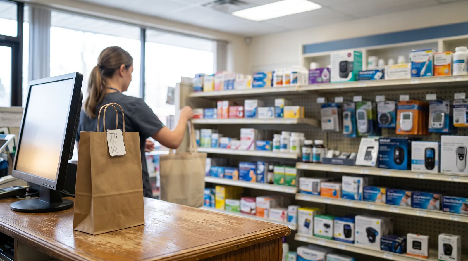 Pharmacy e-commerce strategy in practice: an online order pickup bag at the counter beside shelves of OTC products
