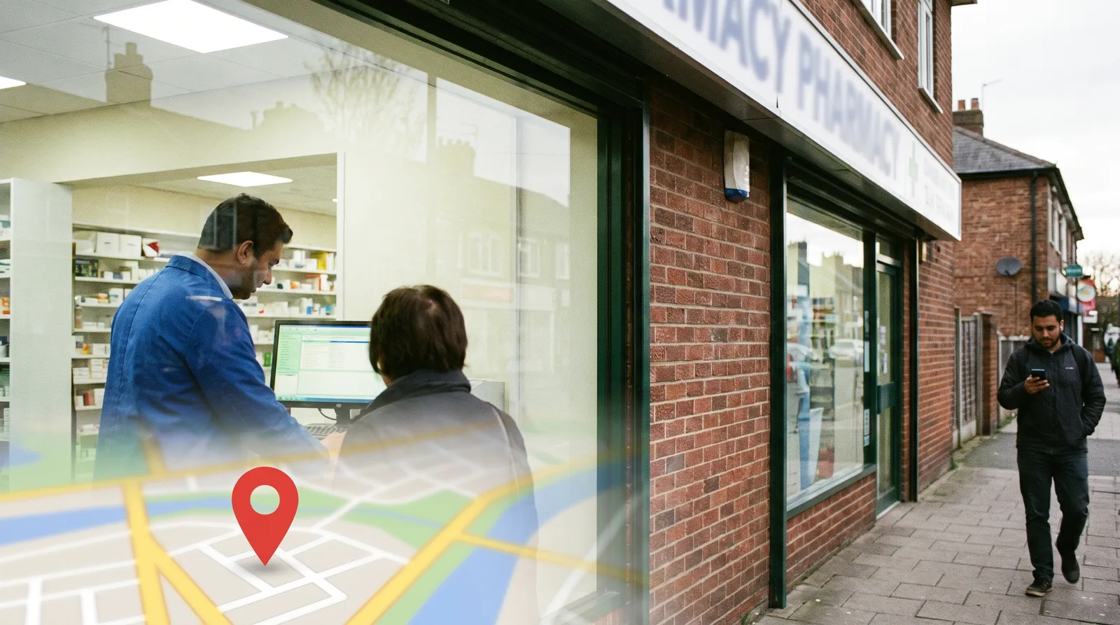 Illinois independent pharmacist checking a Google map pack listing for an Illinois pharmacy local SEO plan at the pharmacy counter