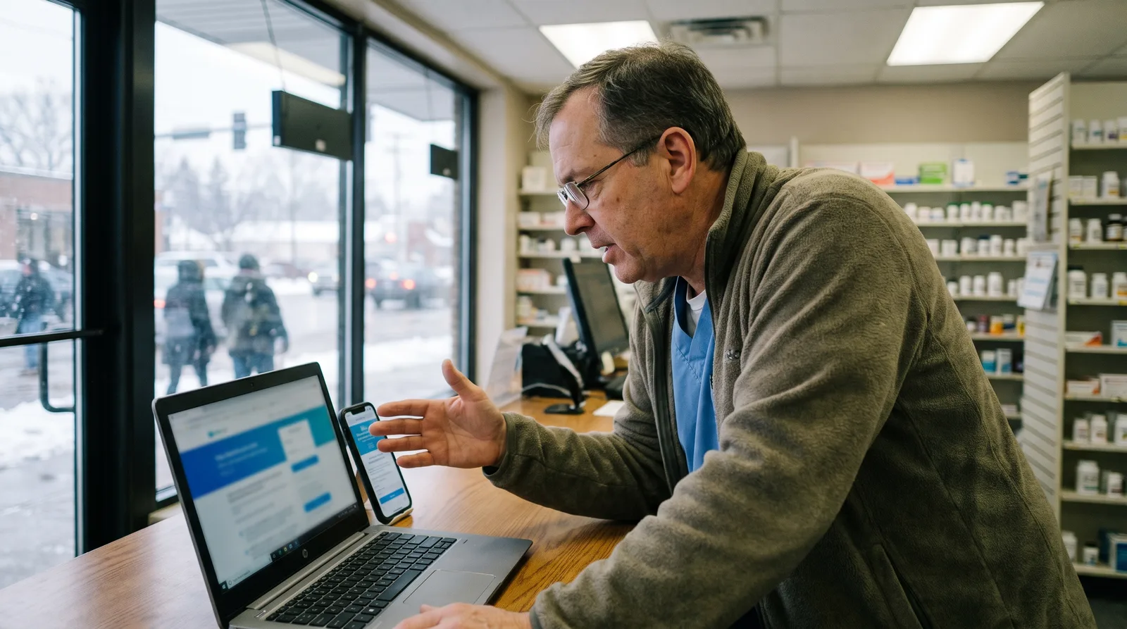 Pharmacy owner reviewing a mobile-friendly pharmacy website on a laptop beside a smartphone, illustrating independent pharmacy web design in Michigan