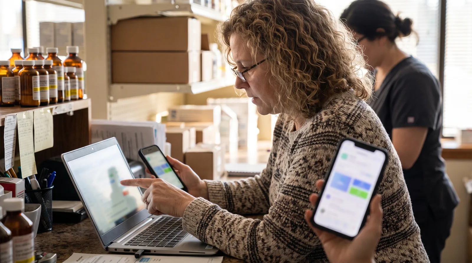 Independent pharmacy owner in Virginia checking a fast mobile pharmacy website on a smartphone at the pharmacy counter