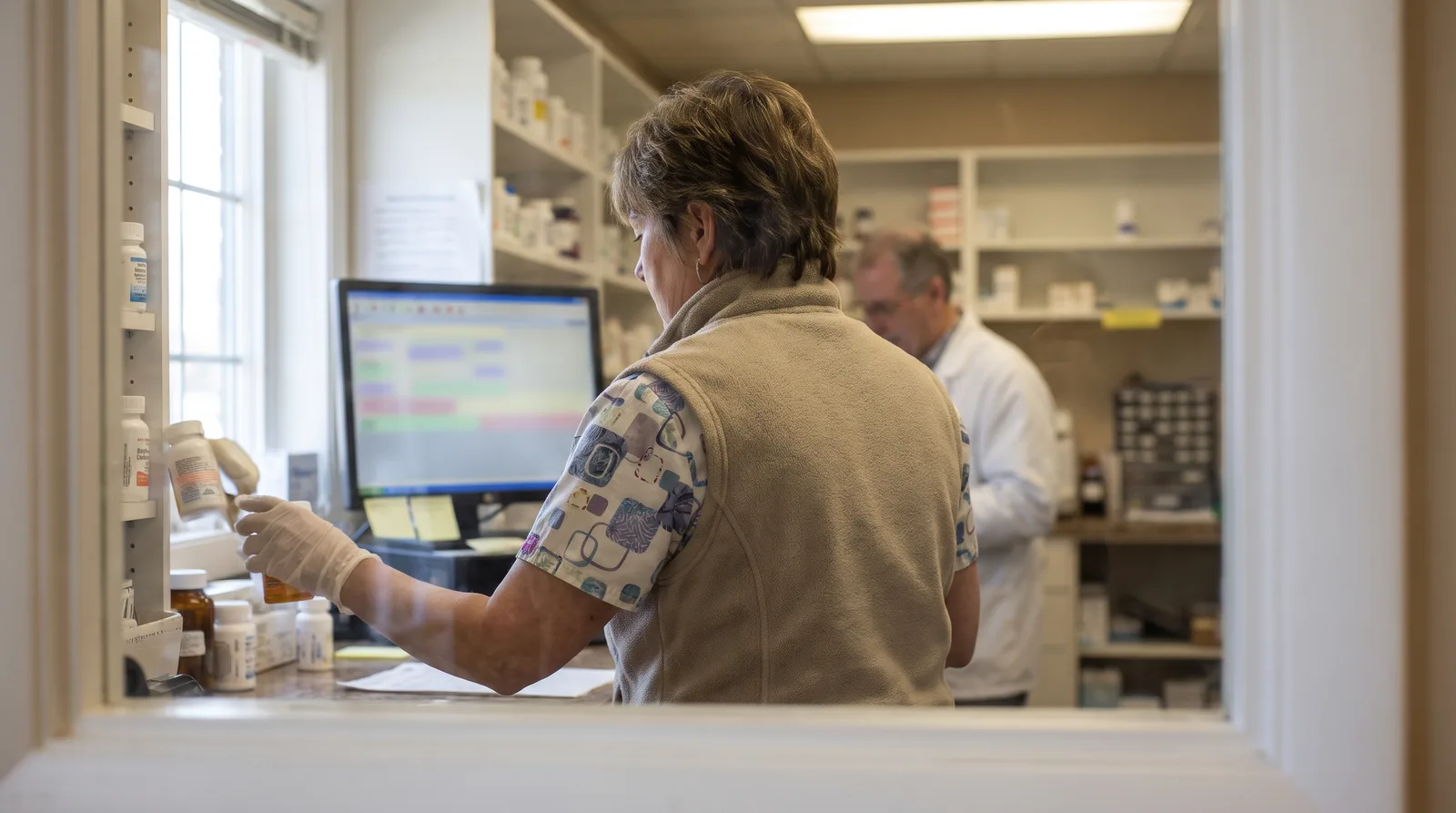Pharmacy staff at a counter with a refill queue on screen, the workflow an independent pharmacy web developer must map