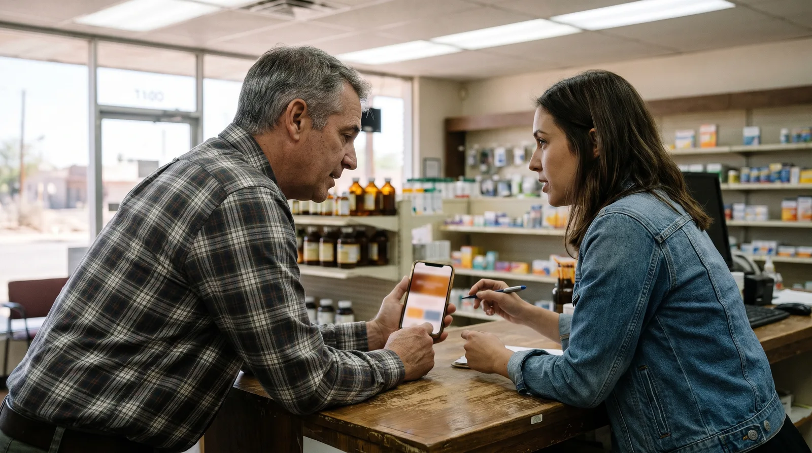 Independent pharmacy website design in Arizona shown on a smartphone as an owner and designer review it at the pharmacy counter
