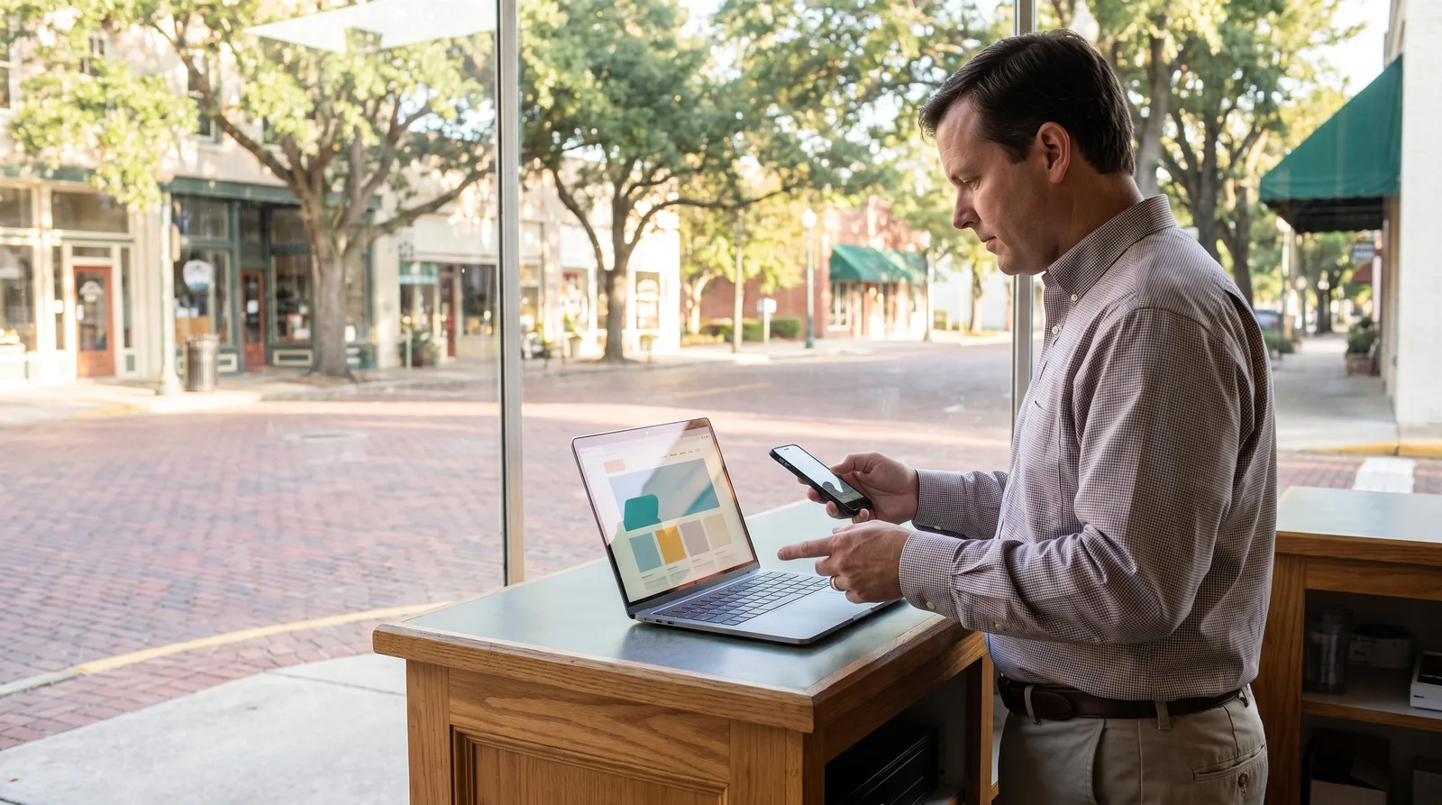 Independent pharmacist reviewing a mobile-friendly pharmacy website on a laptop and phone at the pharmacy counter
