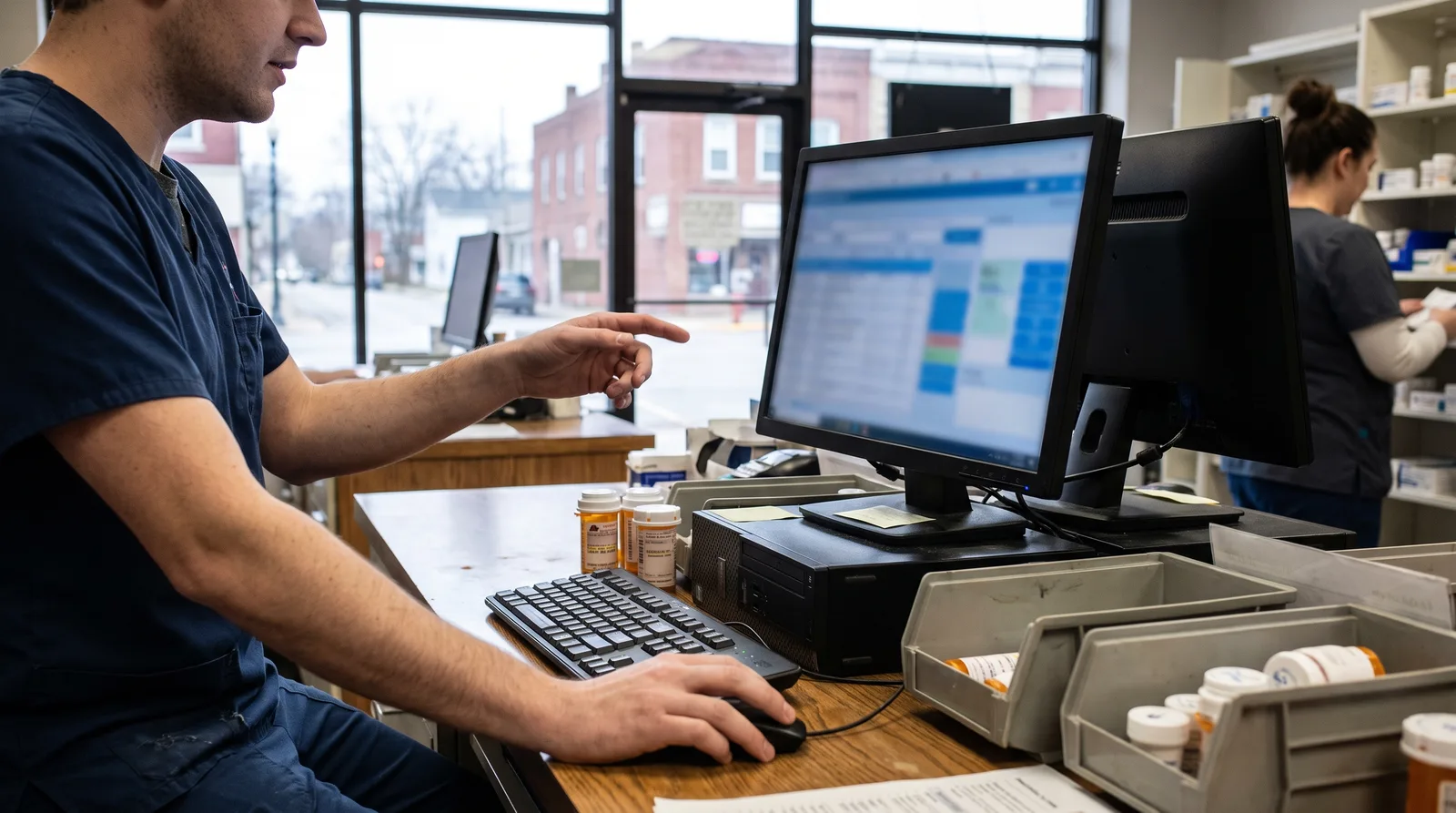 Independent pharmacist in an Ohio pharmacy reviewing a mobile-friendly pharmacy website with refill and transfer buttons