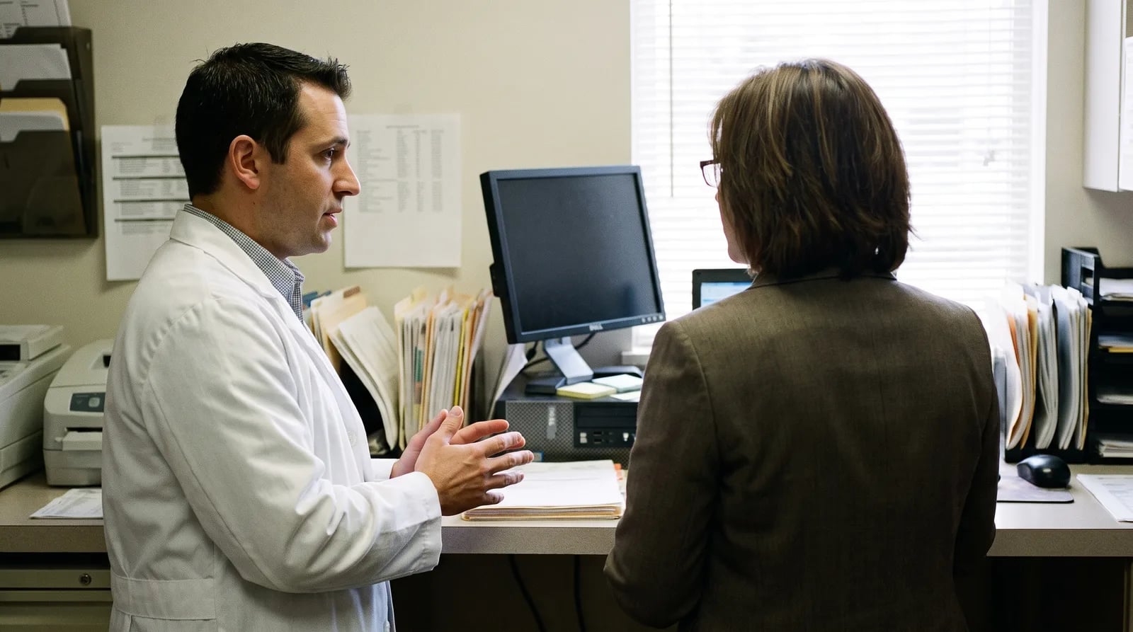 Pharmacist reviewing long-term care pharmacy marketing materials before a facility meeting