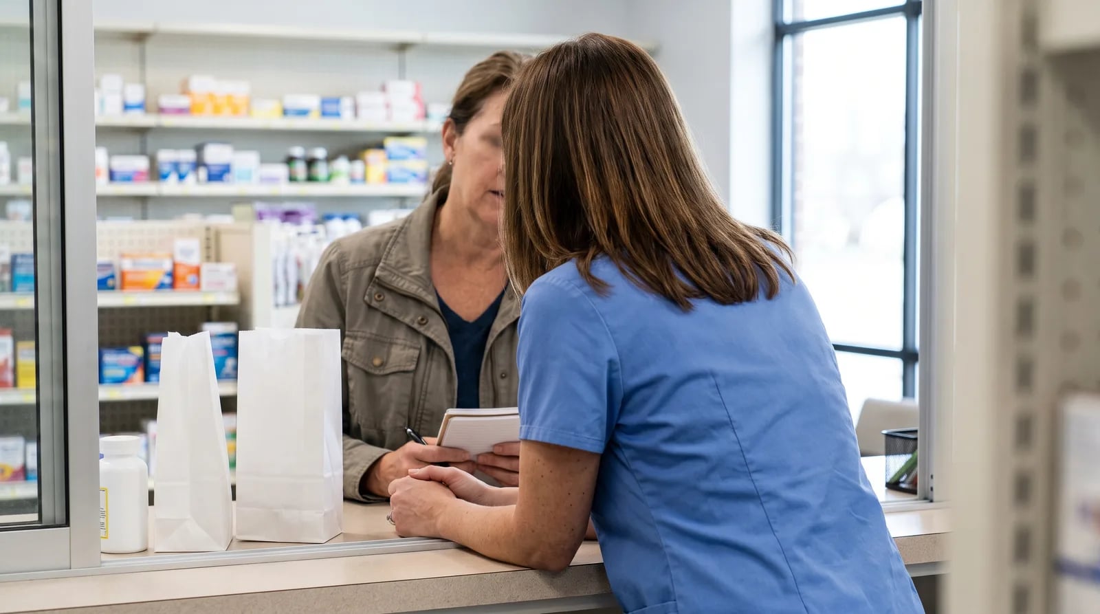 Pharmacist coordinating LTC-at-home pharmacy delivery for a homebound patient's caregiver