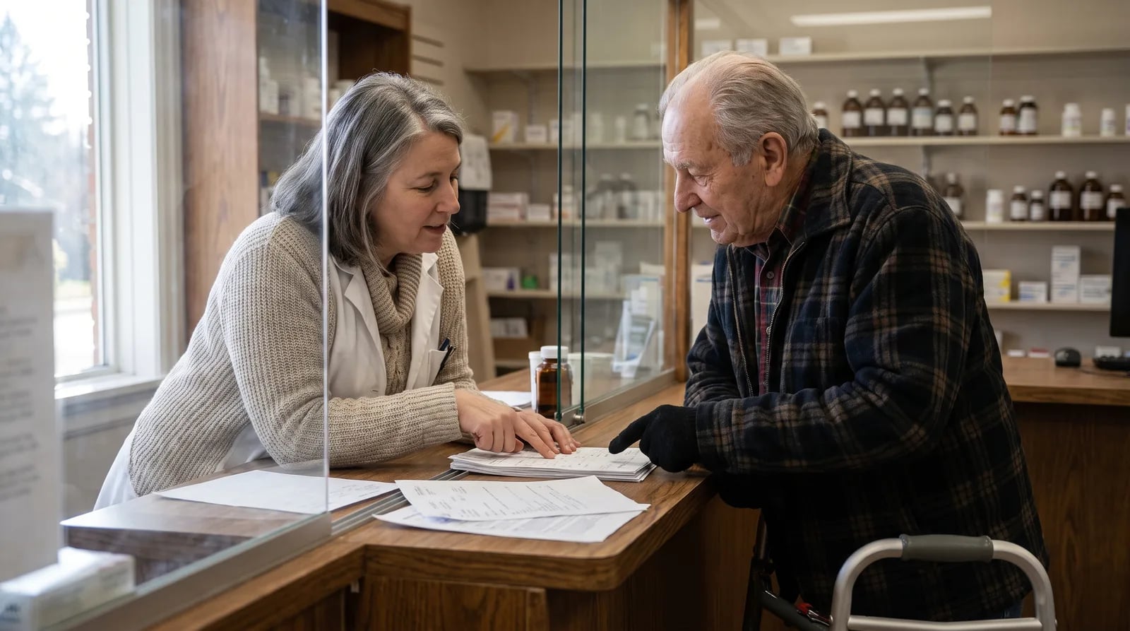 Pharmacist helping a Medicare patient with open enrollment plan-review paperwork at the counter