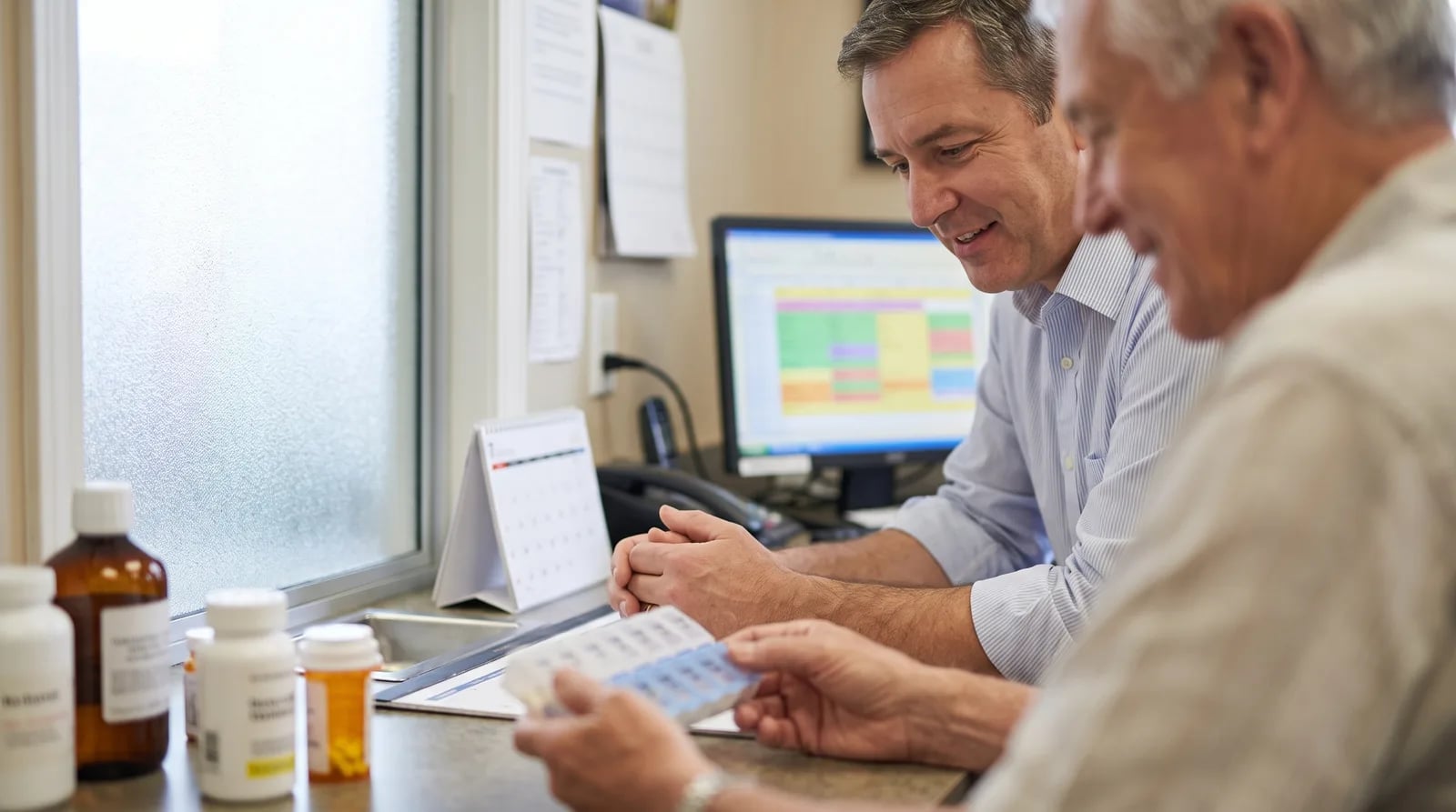 Pharmacist setting up a medication synchronization program for a polypharmacy patient