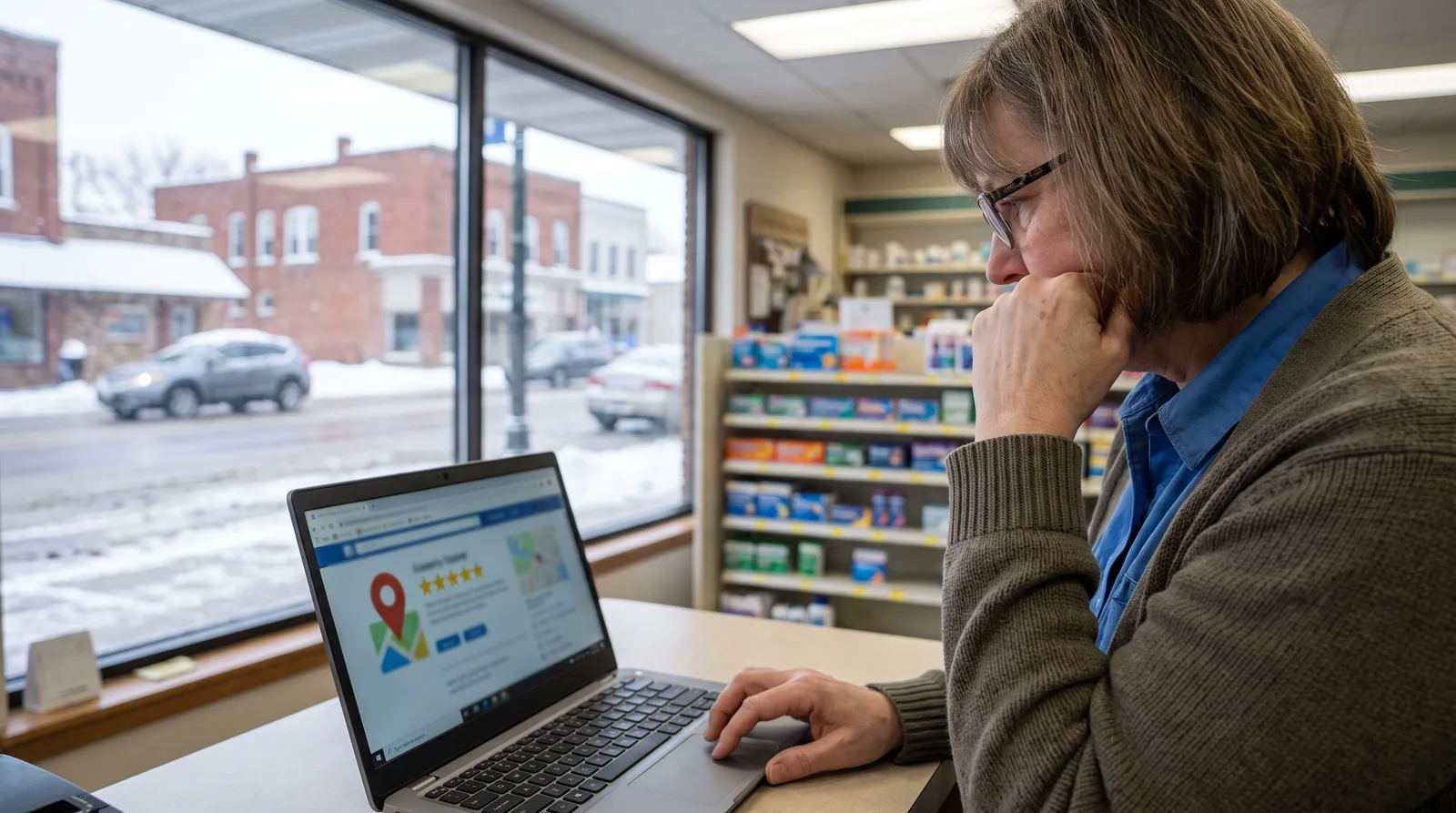 Pharmacy manager updating a Google Business Profile listing on a laptop, illustrating Michigan pharmacy local SEO and profile management