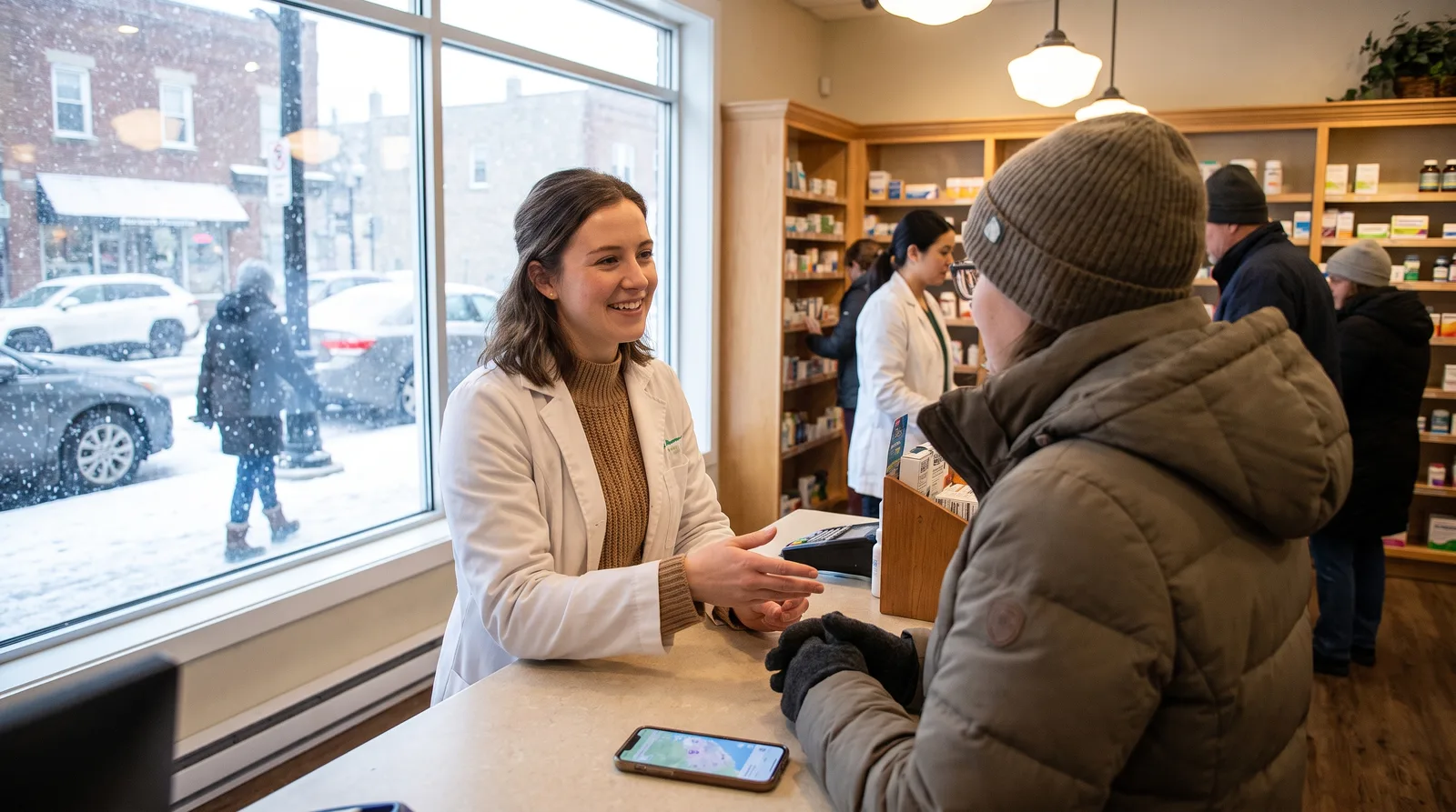 Independent pharmacist helping a patient at a Michigan pharmacy counter, illustrating Michigan pharmacy marketing agency support