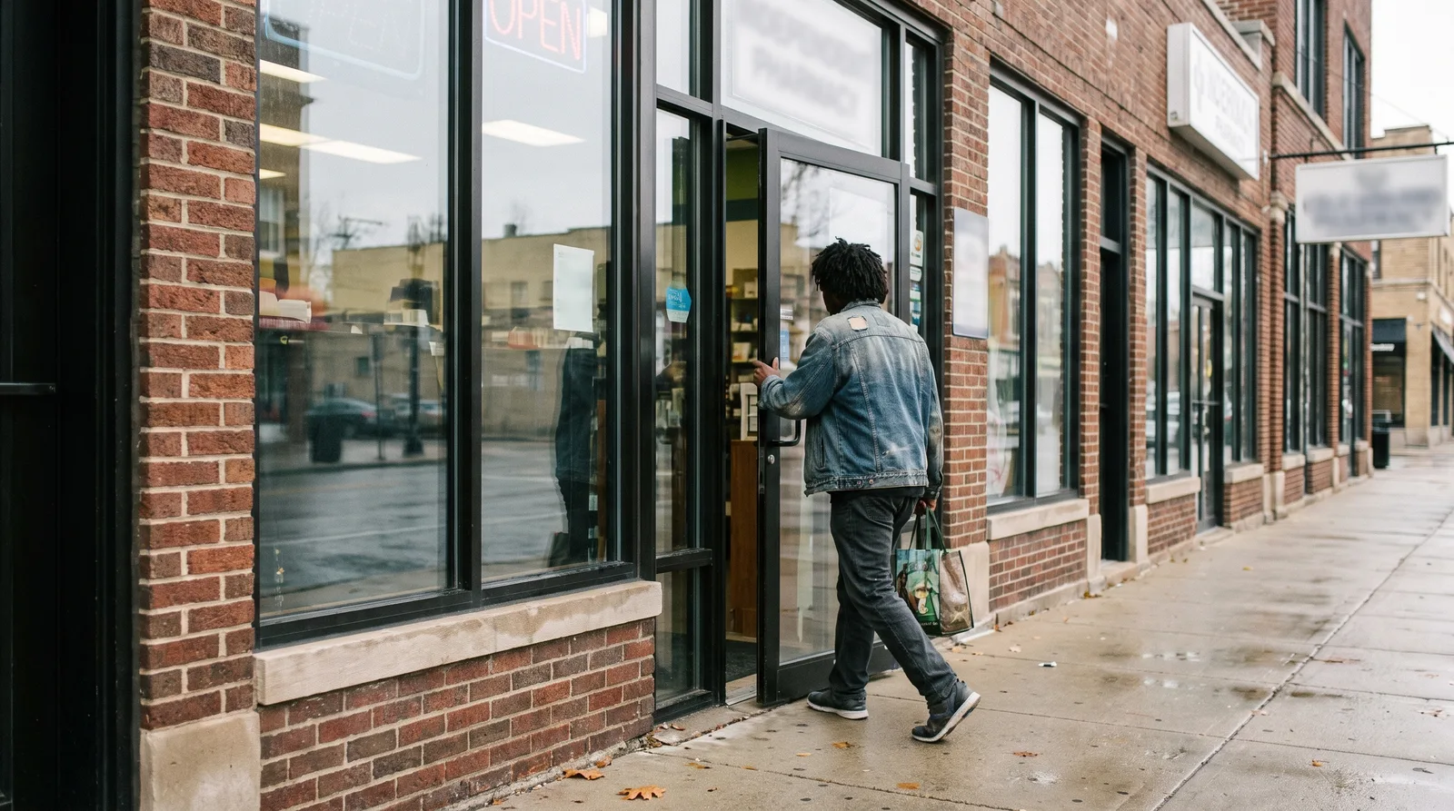 Illinois independent pharmacist reviewing a mobile-friendly pharmacy website design on a smartphone at the pharmacy counter