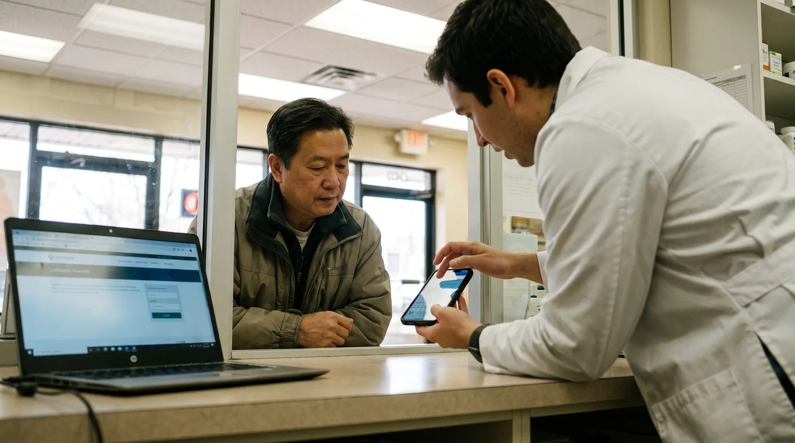 Modern pharmacy website design in New Jersey shown on a phone at an independent pharmacy counter