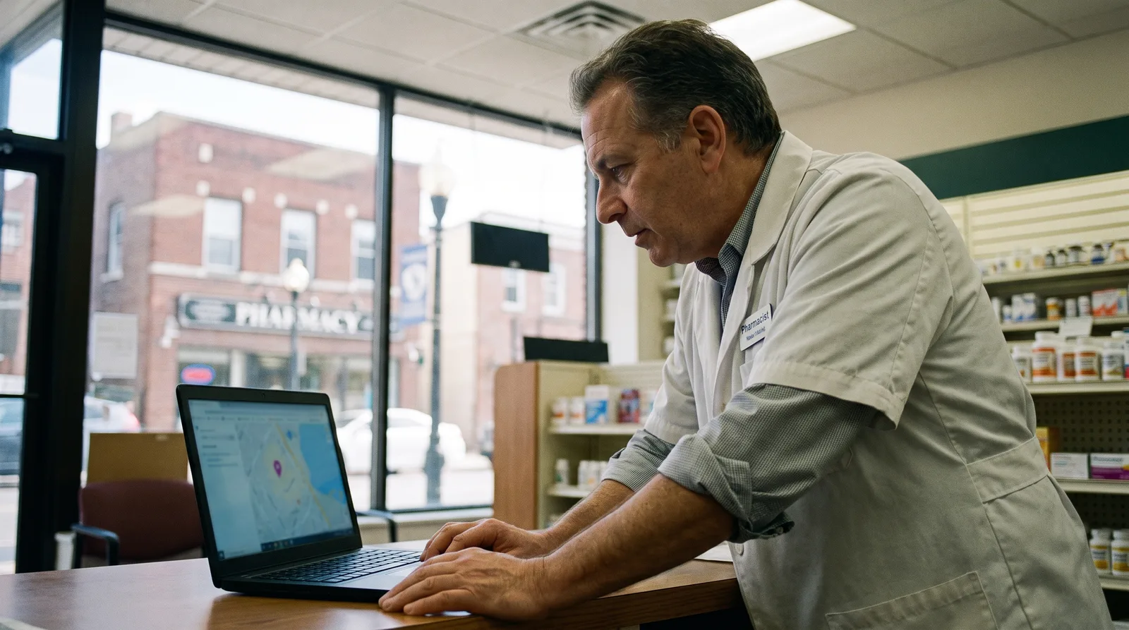 New Jersey pharmacy local SEO shown by an independent pharmacist reviewing a local map of nearby pharmacies