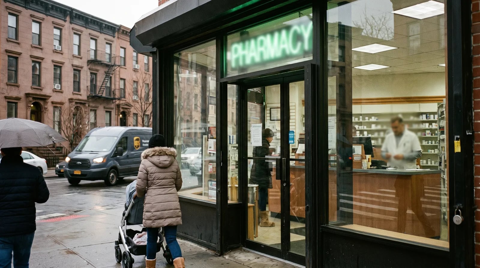 New York pharmacy local SEO shown as a map search on a phone outside an independent pharmacy