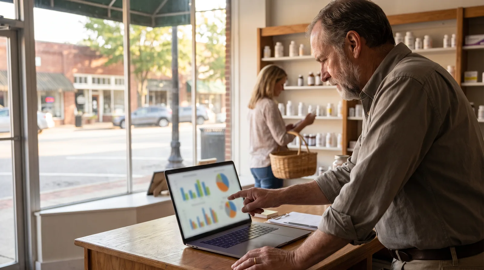 Independent pharmacy owner reviewing North Carolina pharmacy marketing results on a laptop at the pharmacy counter