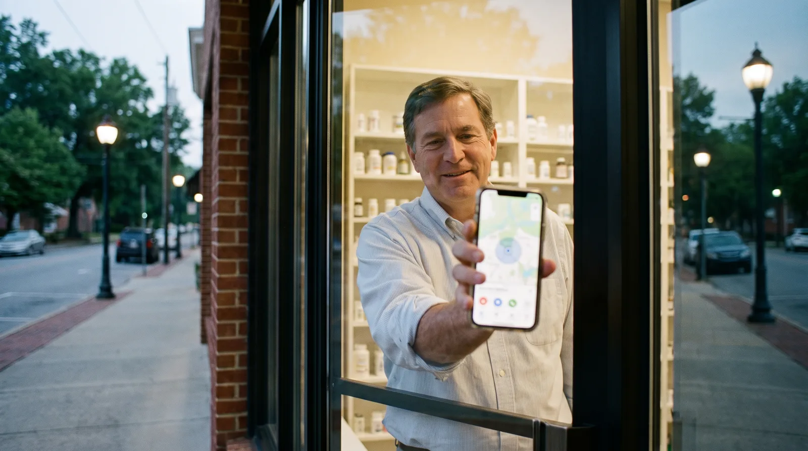 Independent pharmacist showing a local map listing on a phone at the storefront, a North Carolina pharmacy SEO guide