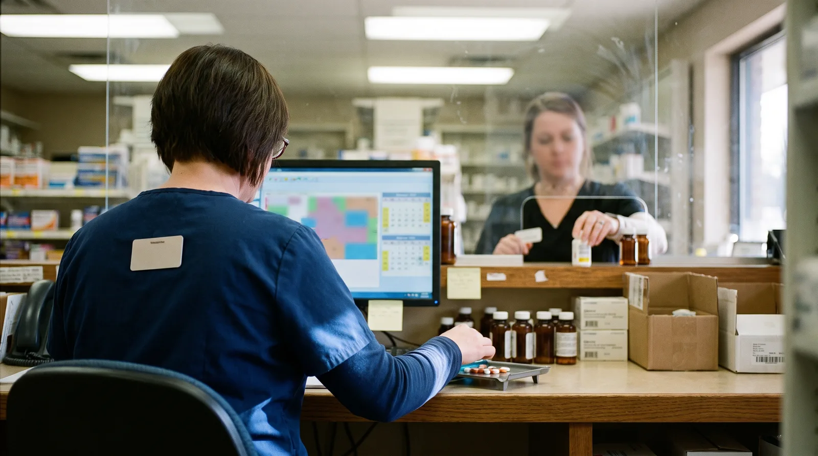Independent Ohio pharmacist checking a Google Business Profile listing on a tablet at the pharmacy counter for local SEO