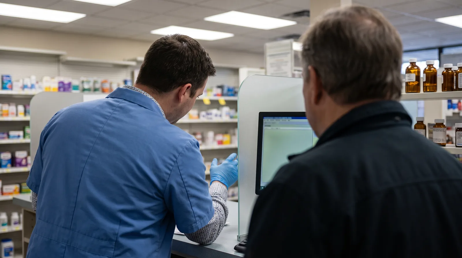 Independent pharmacist in an Ohio community pharmacy reviewing a Google Business Profile for an Ohio pharmacy marketing agency plan