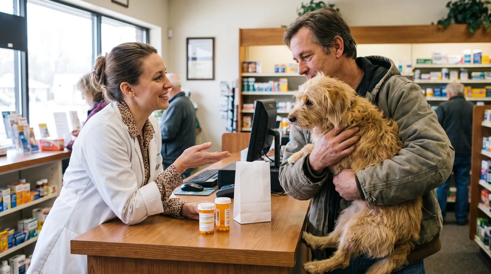 Pharmacist preparing a compounded pet medication at an independent pharmacy counter