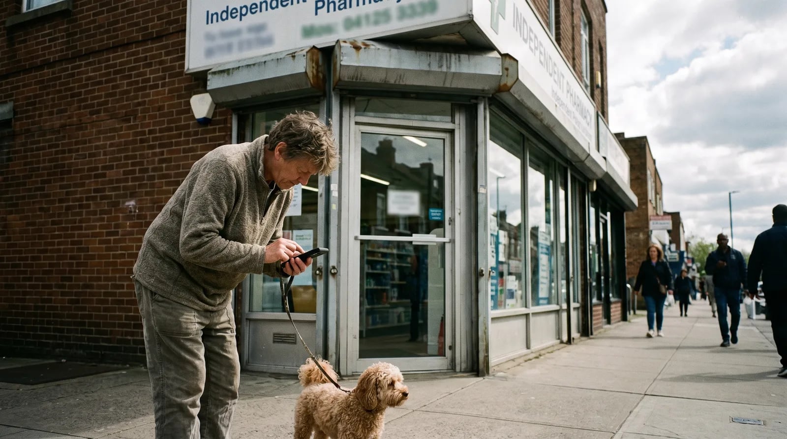 Pet owner searching for a local pharmacy on a smartphone with a dog nearby