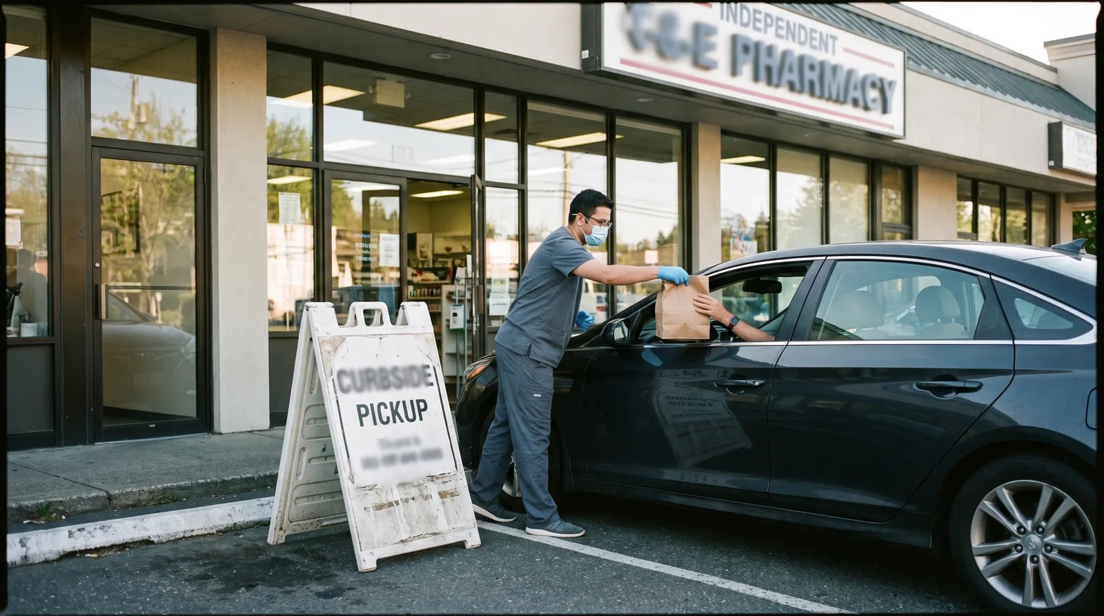 Independent pharmacy storefront with curbside pickup sign and staff handing medication to a customer's car, a key Google Business Profile attribute