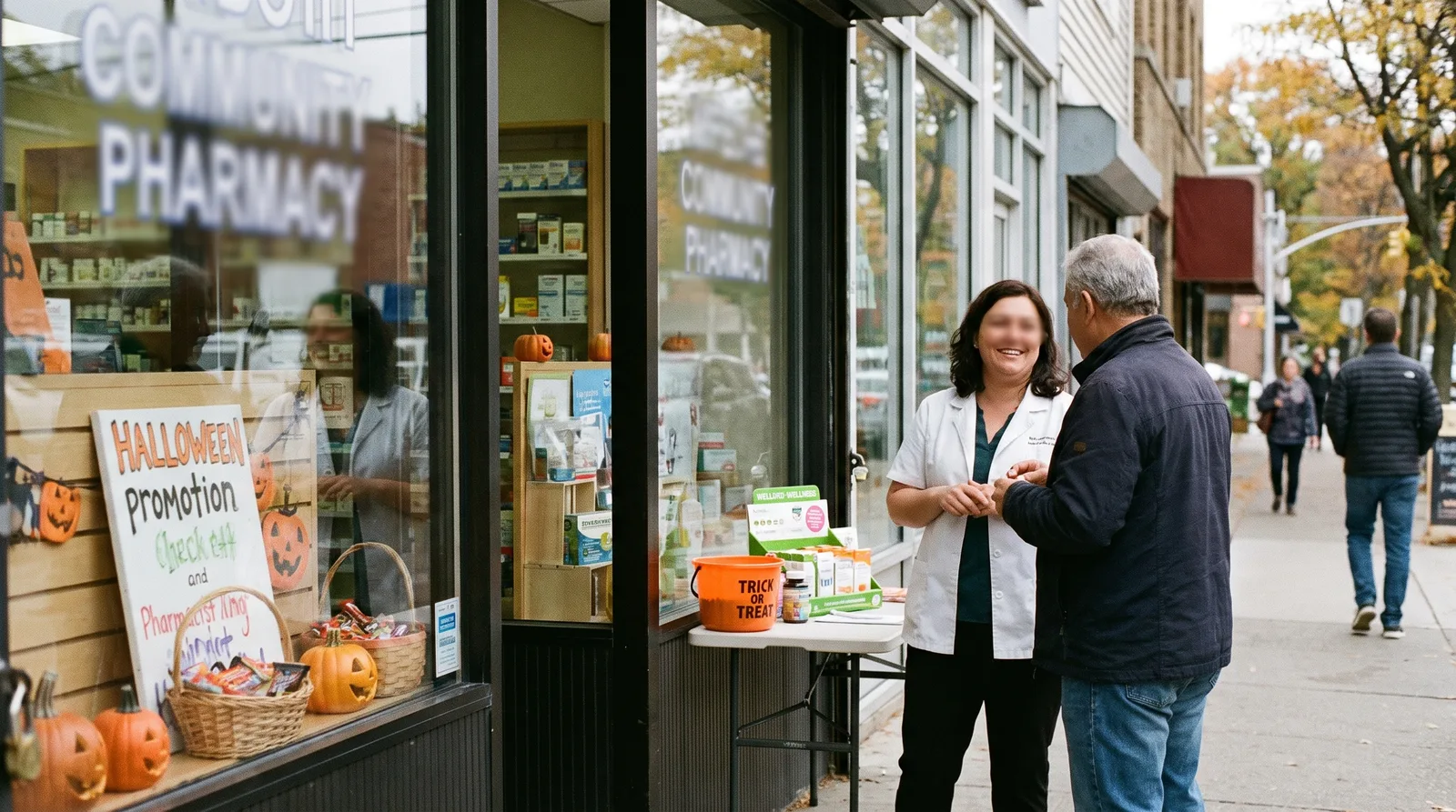 Pharmacy front window decorated for Halloween, illustrating pharmacy Halloween promotion ideas