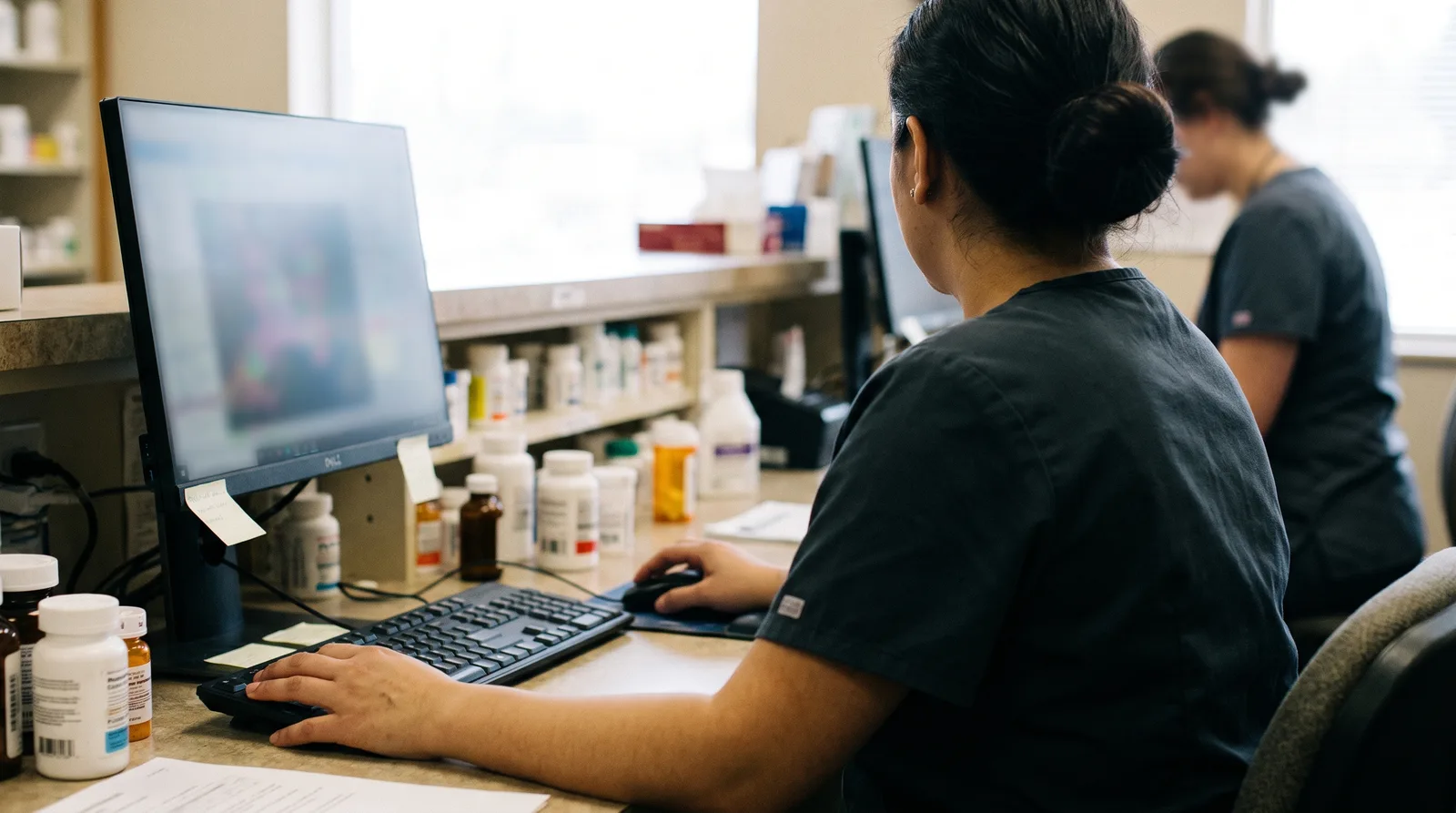 Pharmacy keyword research for independent pharmacies: owner reviewing local search results on a laptop at the pharmacy counter