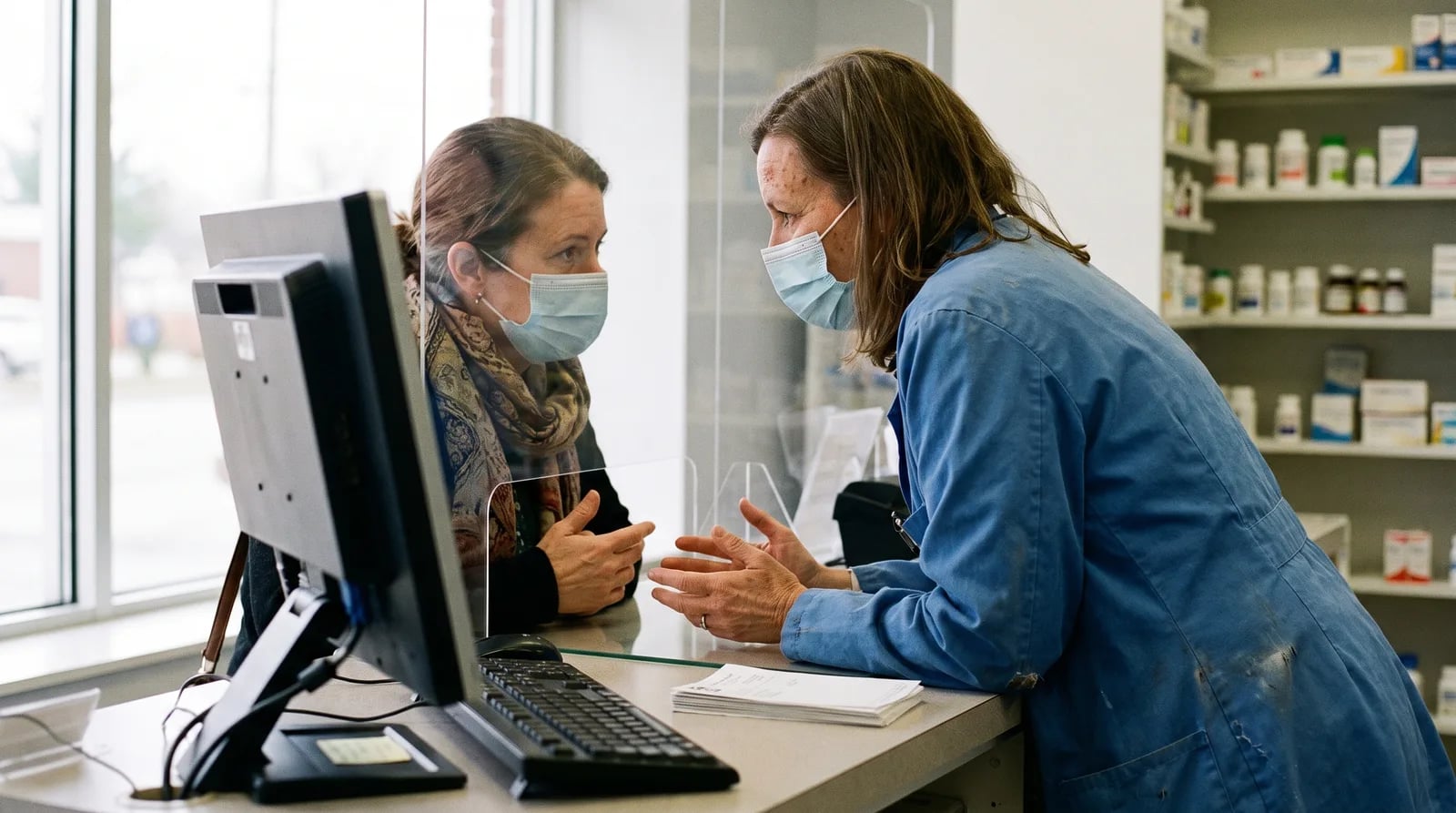 Independent pharmacist reviewing a pharmacy prescription transfer marketing campaign at the counter